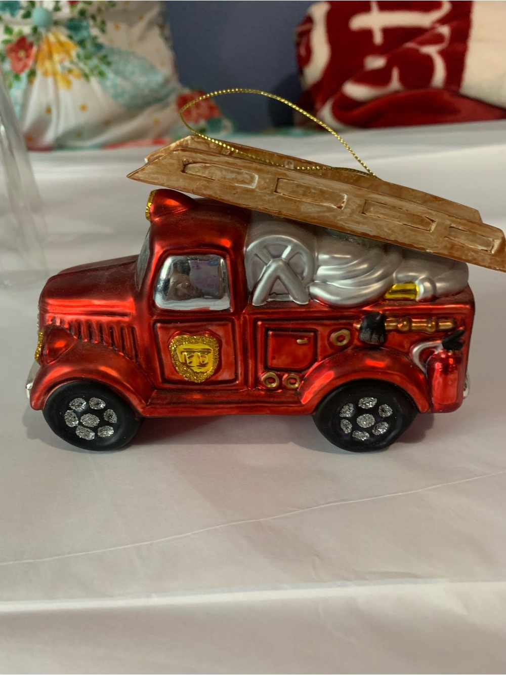 Hand Blown Glass Fire Truck Christmas Tree Ornament Vintage